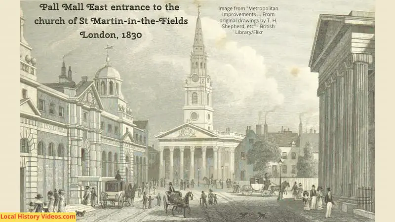 Old picture of Pall Mall entrance to St Martin in the Fields Church London 1830