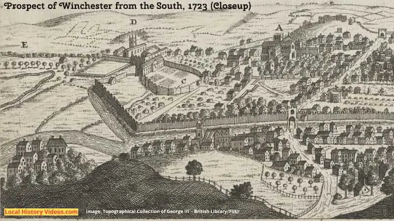 Closeup of an old picture of the Prospect of Winchester England from the South 9 September 1723