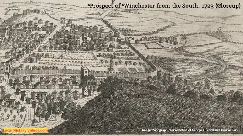 Closeup of an old picture of the Prospect of Winchester England from the South 9 September 1723