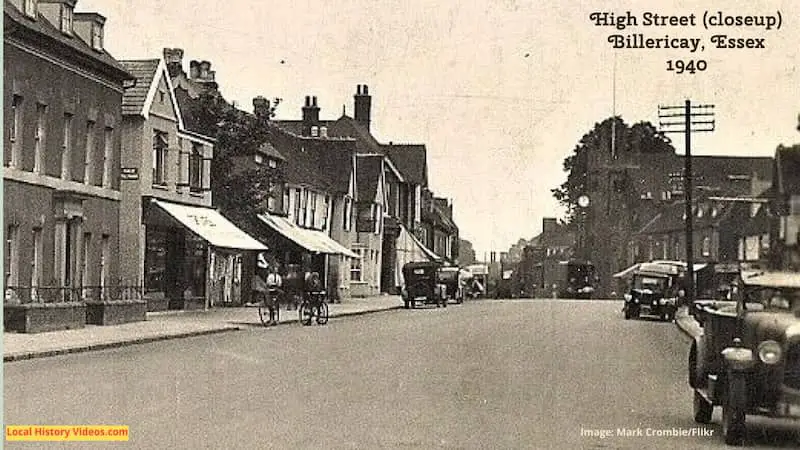 closeup of Old photo postcard of High Street Billericay Essex 1940