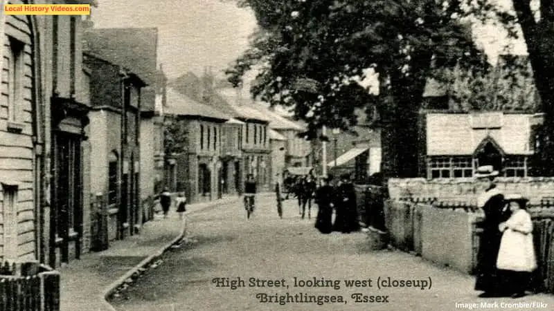 closeup of Old photo postcard of High Street Brightlingsea Essex looking west
