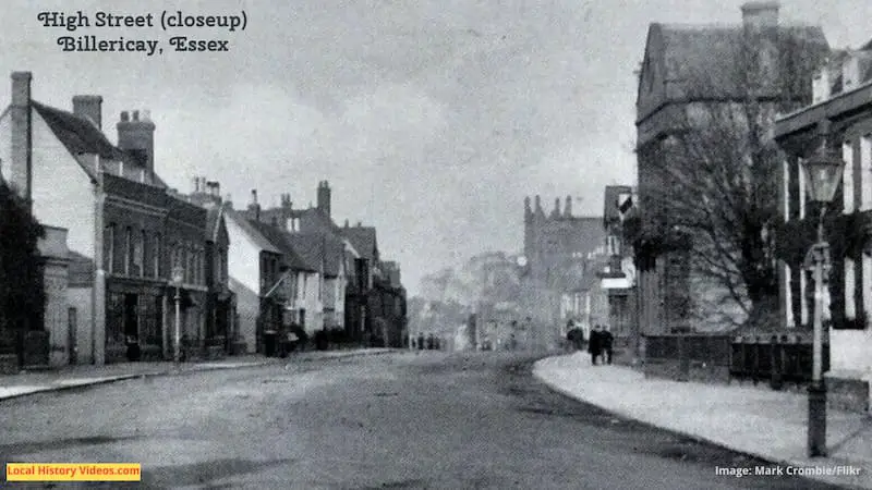 closeup of Old photo postcard of High Street at the curve Billericay Essex