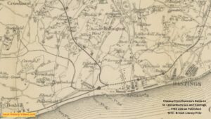 Closeup of an old map of East Sussex including Crowhurst St Leonards and Hastings published 1872