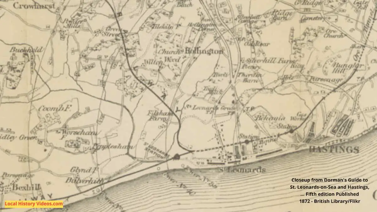 Closeup of an old map of East Sussex including Crowhurst St Leonards and Hastings published 1872