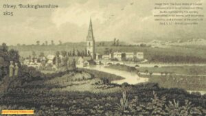 Old book illustration of Olney Buckinghamshire published in 1825