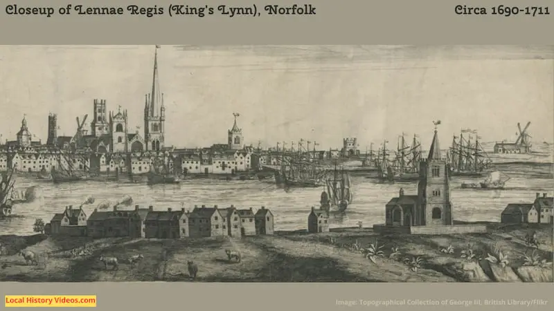Closeup of the right hand side of an old picture of Lennae Regis, or King's Lynn
