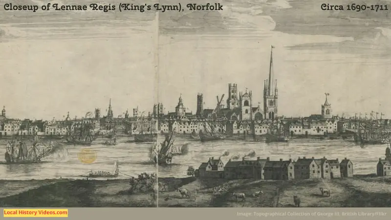 Closeup of the centre of an old picture of Lennae Regis, or King's Lynn