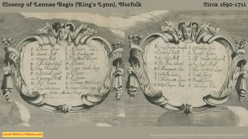 Closeup of the key for the Old picture of Lennae Regis or King's Lynn in Norfolk England circa 1690 to 1711