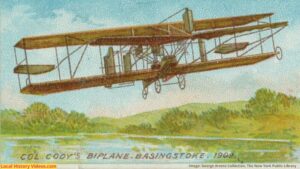 Old cigarette card of Colonel Cody's biplane at Basingstoke Hampshire England