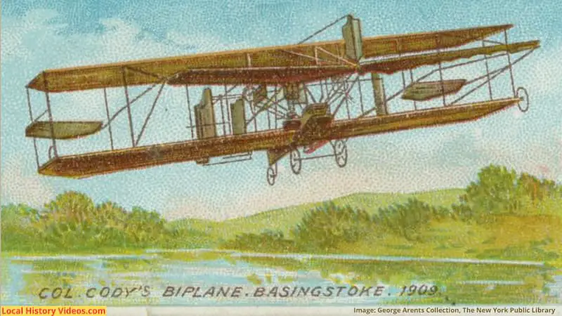 Old cigarette card of Colonel Cody's biplane at Basingstoke Hampshire England