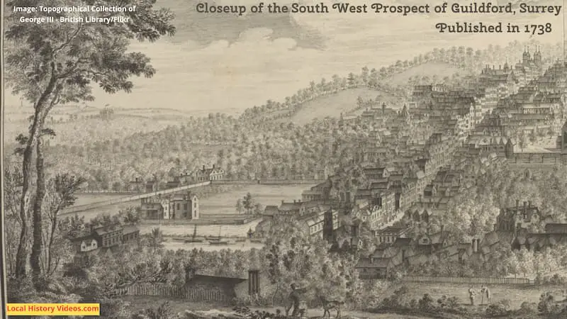 Closeup of an old picture of the South West Prospect of Guildford, Surrey, published in 1738