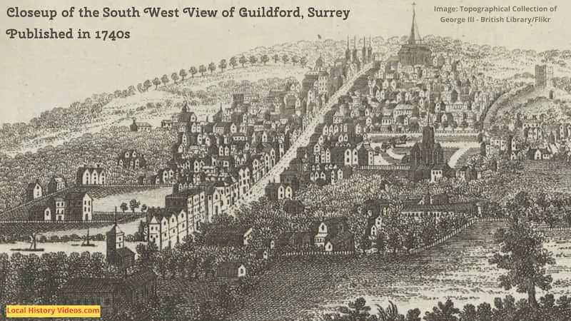 Closeup of an old picture of the South West View of Guildford in Surrey, published in the 1740s