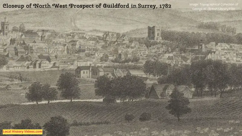Closeup of an old picture of the North West Prospect of Guildford, published in 1782
