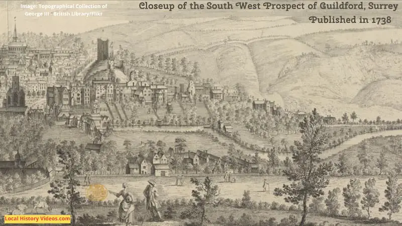 Closeup 2 of an old picture of the South West Prospect of Guildford Surrey published in 1738