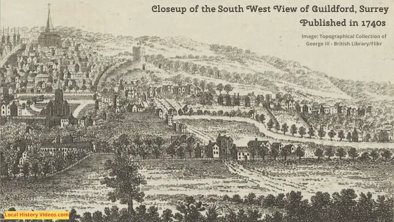 Closeup of an old picture of the South West View of Guildford in Surrey, published in the 1740s