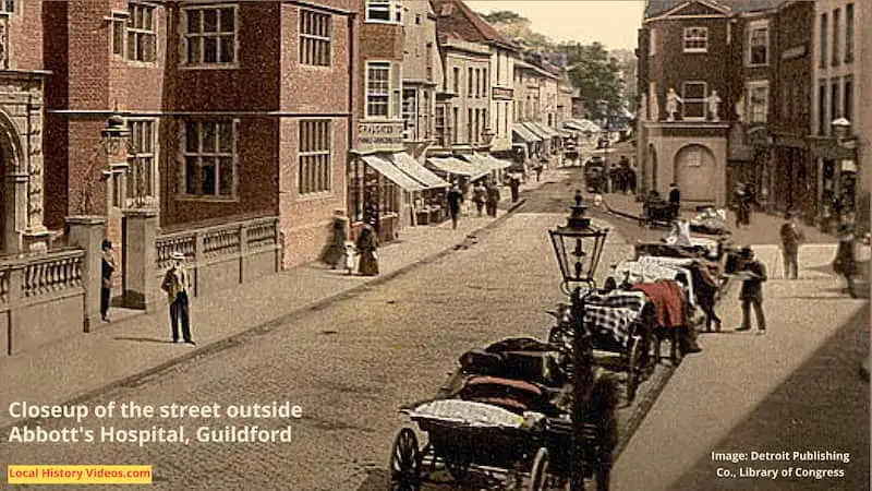Closeup of an old photo of the street outside Abbott's Hospital in Guildford, pre-1905