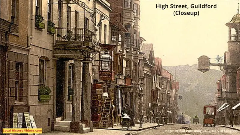 Closeup of an old photo of the High Street, Guildford, Surrey, taken by 1905