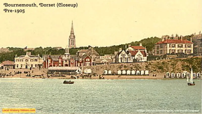 Closeup of the right and side of an old photo of Bournemouth from the sea Dorset England