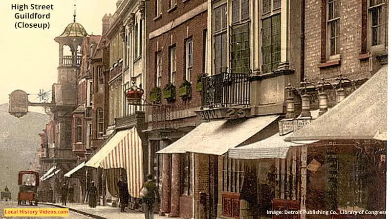 Closeup of an old photo of the High Street, Guildford, Surrey, taken by 1905