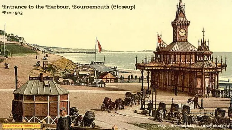 Closeup of the right hand side of an old photo of the entrance to the harbour at Bournemouth Dorset England UK