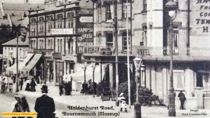 Closeup of the right hand side of an old photo postcard of Holdenhurst Road Bournemouth Dorset England
