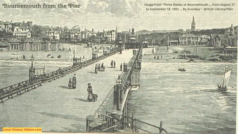 Old book illustration of Bournemouth from the pier, published in 1893