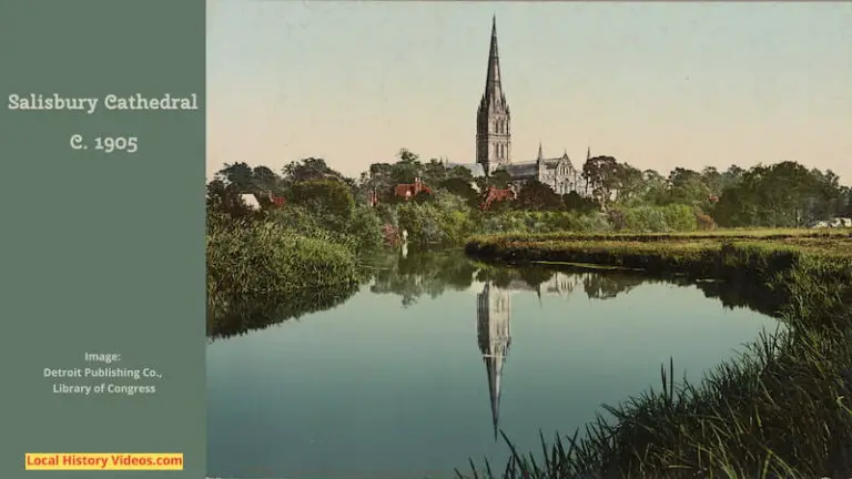 Old colour photo of Salisbury Cathedral from the river Wiltshire England Circa 1905