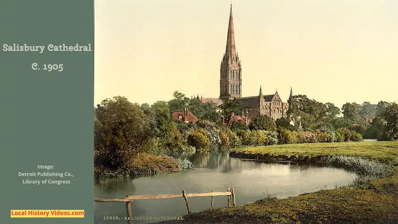 Old colour photo of the river view of Salisbury Cathedral Wiltshire England UK Circa 1905