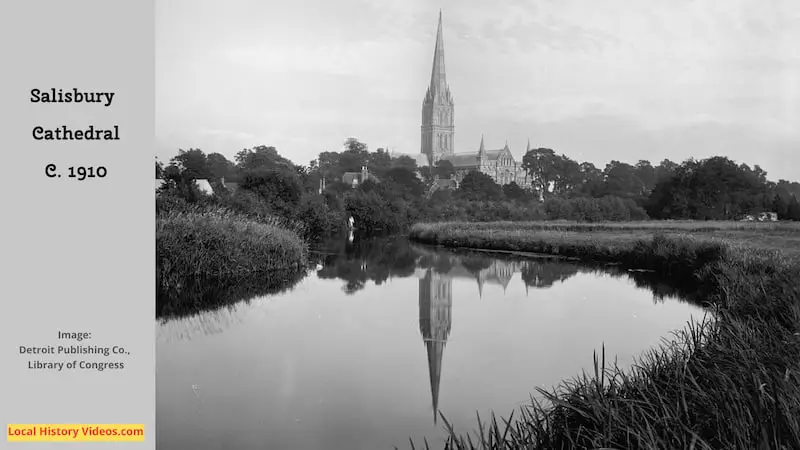 Old photo of Salisbury Cathedral from the river Wiltshire England Circa 1910