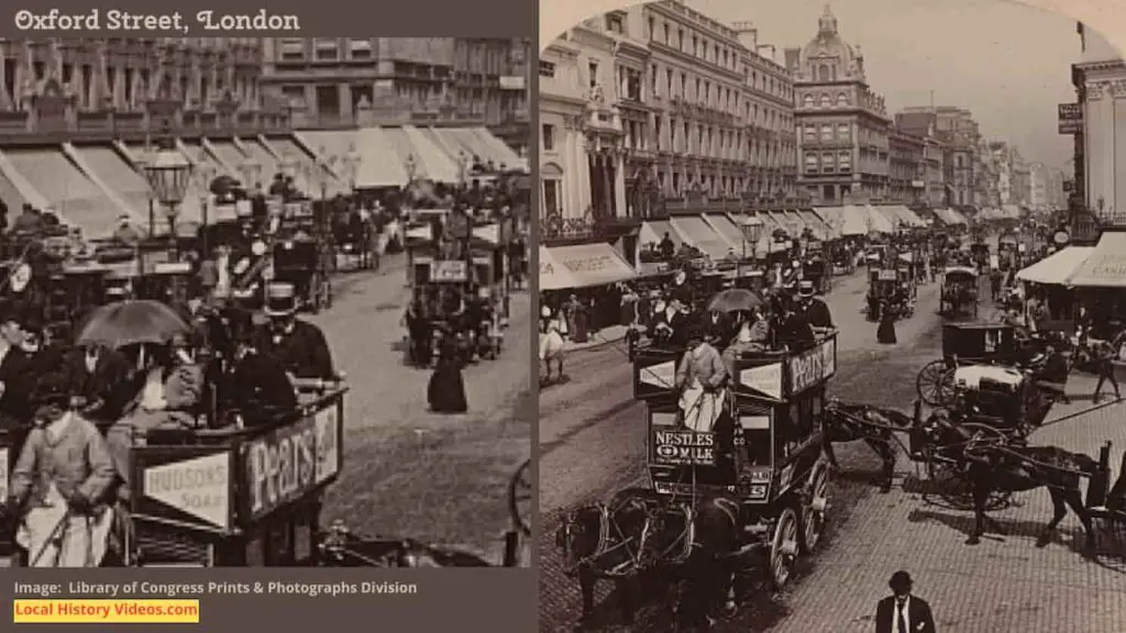 Old photo of traffic and horse driven omnibus on Oxford Street London England