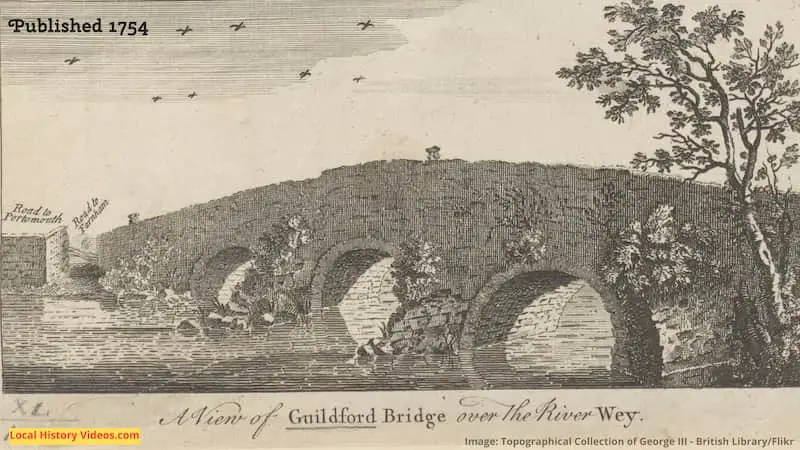 Old picture of Guildford Bridge and the River Wey published in 1754