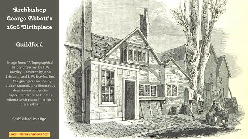 Old picture of the 1606 birthplace of Archbishop George Abbott at Guildford Surrey, published in 1850