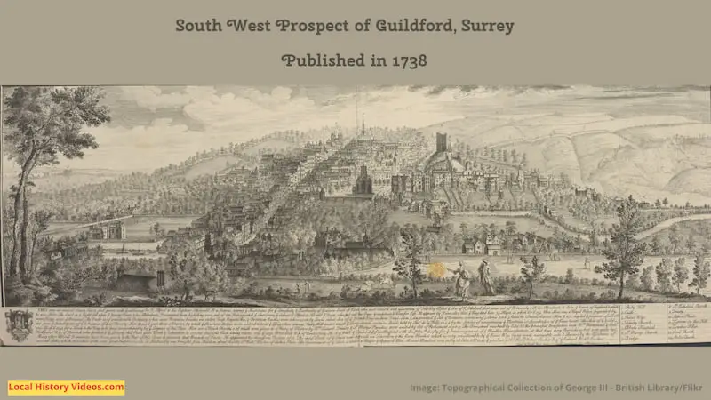 Old picture of the South West Prospect of Guildford, Surrey, published in 1738