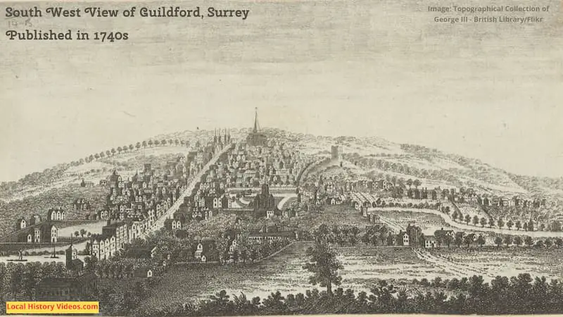 Old picture of the South West View of Guildford in Surrey, published in the 1740s