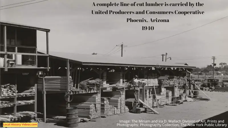 An old photo of the complete line of cut lumber carried by the United Producers and Consumers Cooperative at Phoenix, Arizona, in 1940