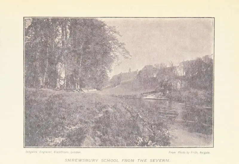 An old photo of Shrewsbury school from the Severn. Image from "A New Guide to Shrewsbury ... Illustrations and map" by Bradley, Reuben, published in 1893. Photo by Frith, Flikr upload British Library