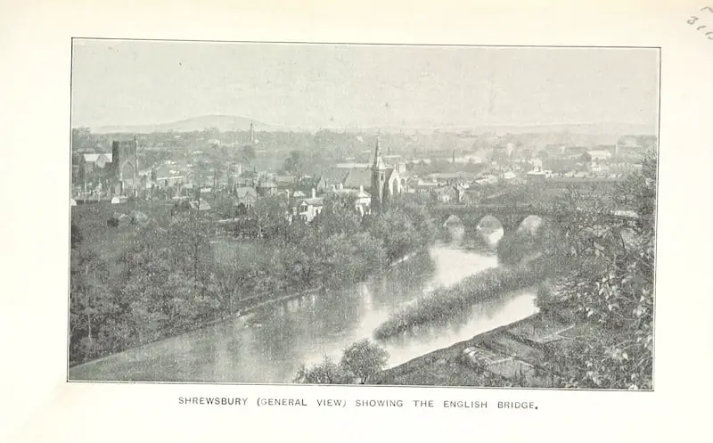 An old photo of the view of Shrewsbury, published in "Guide to Shrewsbury and the neighbourhood ... With maps and illustrations" by Auden, Thomas, in 1897. Image British Library/Flikr