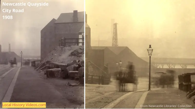 Old photo and closeup of the City Road close to the Quayside, Newcastle upon Tyne, taken in 1908.