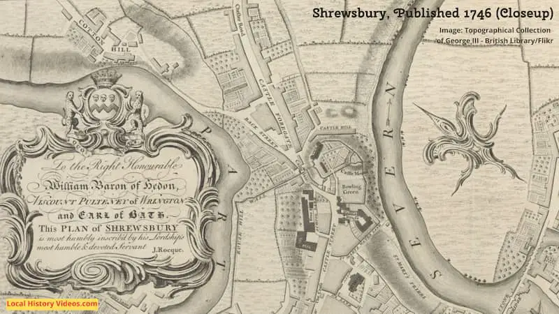 Closeup 1 of Old plan of Shrewsbury England published in 1746.