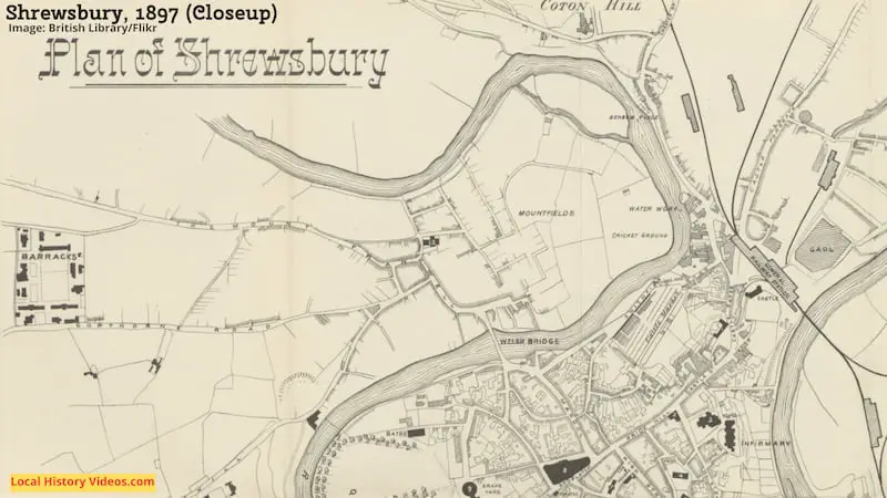 Closeup of a plan of Shrewsbury, 1897, published in “Guide to Shrewsbury and the neighbourhood ... With maps and illustrations" by Auden, Thomas. Image: British Library/Flikr