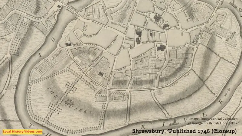 Closeup of an old plan of Shrewsbury published in 1746. Image Credit: Topographical Collection of George III - British Library/Flikr