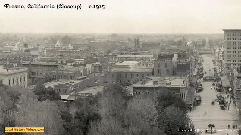 Closeup of an old Panorama view of Fresno California 1915.