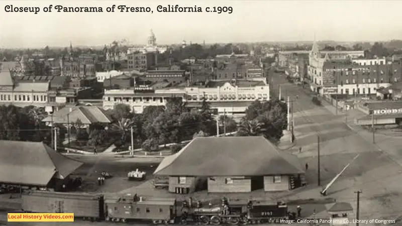 Closeup of an old photo panorama of Fresno California circa 1909