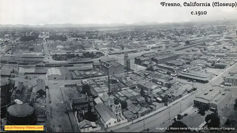 Closeup of an old photo of Fresno California from 1000 ft elevation c1910