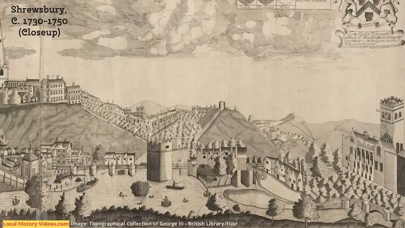 Closeup of the Prospect of Shrewsbury, published between 1730 and 1750. Image: Topographical Collection of George III - British Library/ Flikr