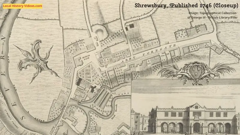 Closeup of an old plan of Shrewsbury published in 1746. Image Credit: Topographical Collection of George III - British Library/Flikr
