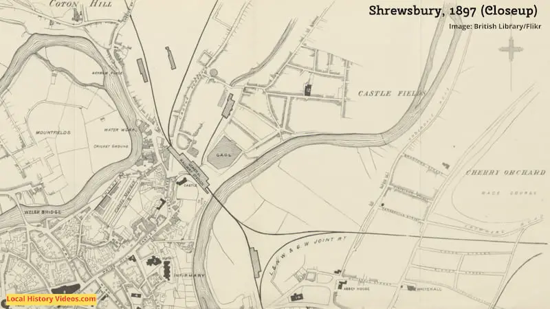 Closeup of a plan of Shrewsbury, 1897, published in “Guide to Shrewsbury and the neighbourhood ... With maps and illustrations" by Auden, Thomas. Image: British Library/Flikr