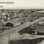 Closeup of a birdseye view panorama photo of Anaheim, California, circa 1915