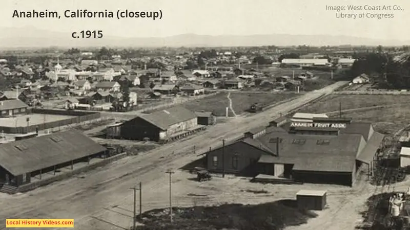 Closeup of a birdseye view panorama photo of Anaheim, California, circa 1915