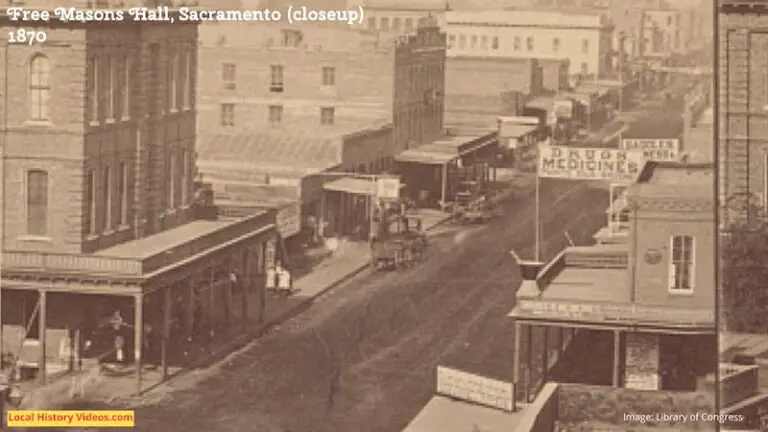 Closeup of an old photo of the Free Masons Hall Sacramento California 1870